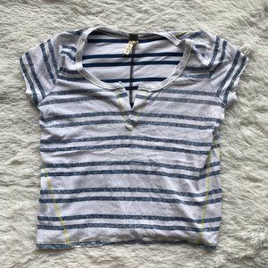 FREE PEOPLE Blue White Striped Cropped T-Shirt Inside Out XS